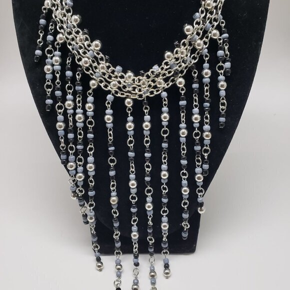 Women's Stylish Layered Silver-tone Black & Gray Beads Fringed Cascade Necklace - Picture 9 of 10